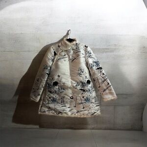 Chinese Style Crane Embroidery Padded Coat Faux Fur Trim Mandarin Collar Large
